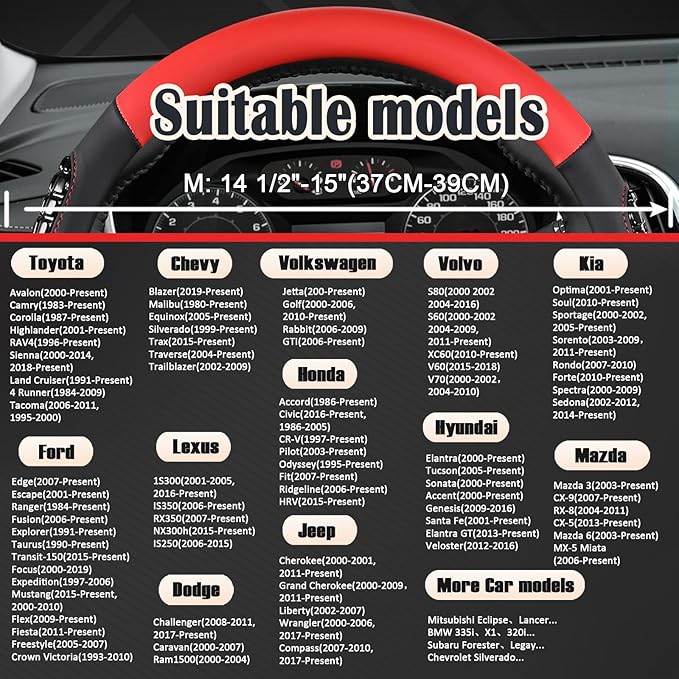 West Llama Nappa Leather Car Steering Wheel Cover Gel Massage,Cool in Summer,Universal 15 inch(Red+Black-Standard Size)