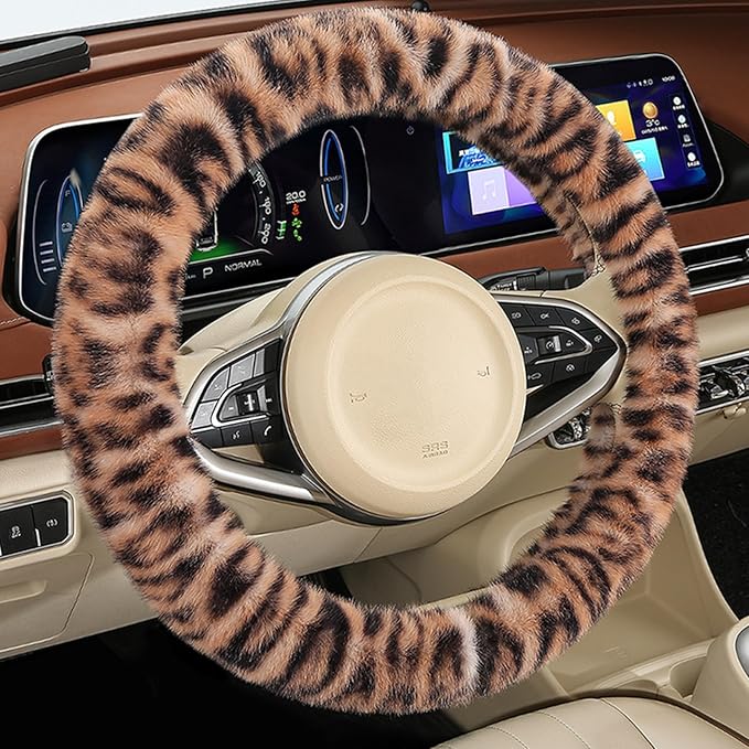 Fluffy Cheetah Car Steering Wheel Cover Luxurious Faux Fur Leopard Print Cute Wheel Protector Universal 15 Inch Fit for Vehicle, Car, Auto, SUV Winter Warm (Ginger)