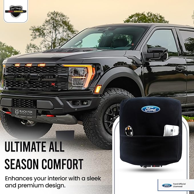 Seat Armour Center Console Cover for Ford F-150 (2004–2014) – Black, Custom Fit with Officially Licensed Embroidered Ford Logo – Soft, Durable & Machine Washable