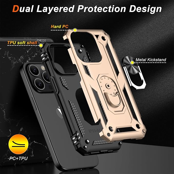 IKAZZ for iPhone 14 Pro Max Case 6.7 Inch with Screen Protector,Military Grade Shockproof Heavy Duty Protective Phone Cover Pass 16ft Drop Test with Magnetic Kickstand Car Mount Holder,Gold