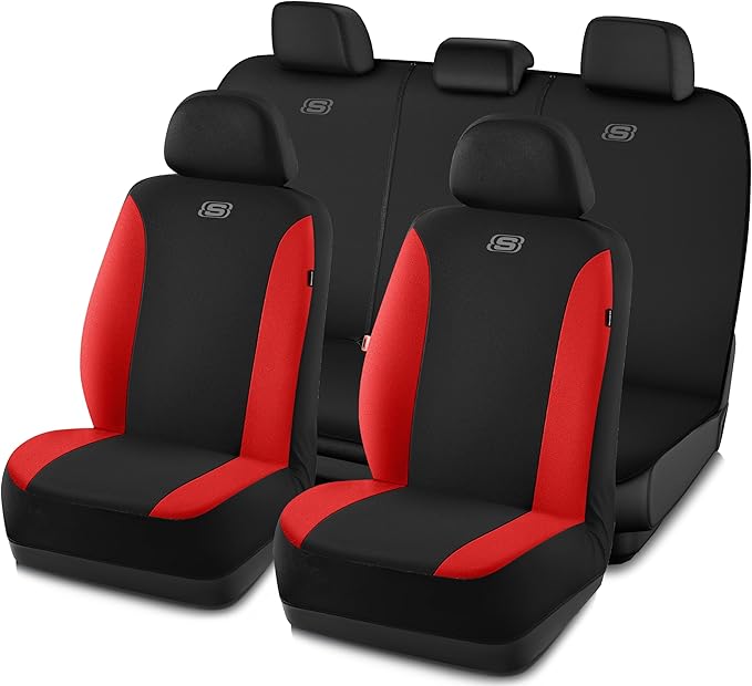 Skechers Seat Covers, Premium Breathable Polyester Car Seat Covers, Car Seat Covers Full Set Airbag Compatible, Automotive Comfort for Most Cars, Vans, Trucks, SUVs (Full Set, Red)