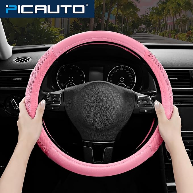 PIC AUTO Massage Steering Wheel Cover, Pink Football Pattern Material Spliced & Pink Leather Car Steering Wheel Cover, Car Steering Cover, Universal Fit 14.5"-15.5" for Cars, Trucks, Van, SUVs