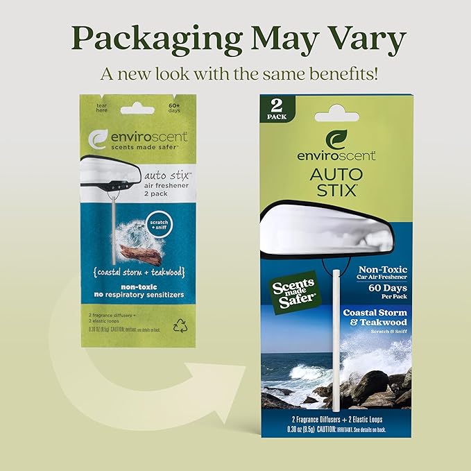 Enviroscent Non-Toxic Car Air Freshener (Coastal Storm & Teakwood) Natural Car Air Freshener | Essential Oil Diffuser | Car Scent Lasting Over 180 Days | 3 Packs of 2 Hanging Auto Stix