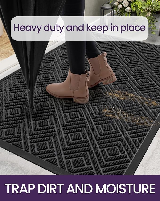 DEXI Front Door Mat Outside Entrance, Heavy Duty Rubber Backed Doormat, Stain and Fade Resistant, Low-Profile Easy Clean Entryway Floor Mats, 17x29, Checkered Black
