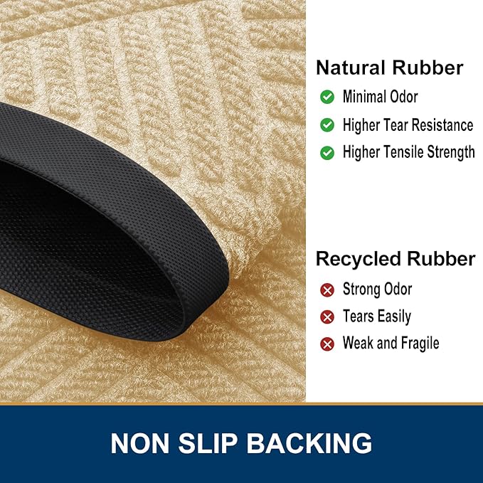 Smiry Front Door Mat Outside Entrance, Heavy Duty Outdoor Indoor Natural Rubber Doormat, Non Slip, Trap Dirt and Moisture, Easy Clean, Low Profile Patio Porch Entryway Mat, 59x35, Beige