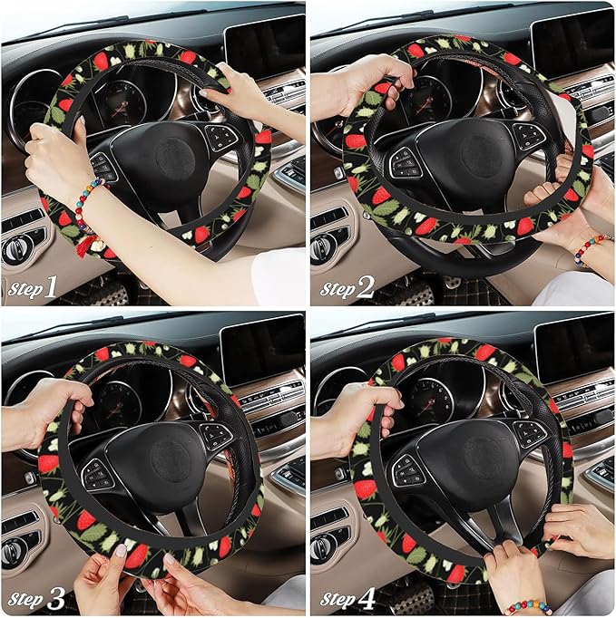Strawberry Flowers Car Steering Wheel Cover, Non-Slip Absorbing Sweat Car Wheel Cover Accessories for Men Women,Universal 15" Fit Auto SUV Vans Trucks