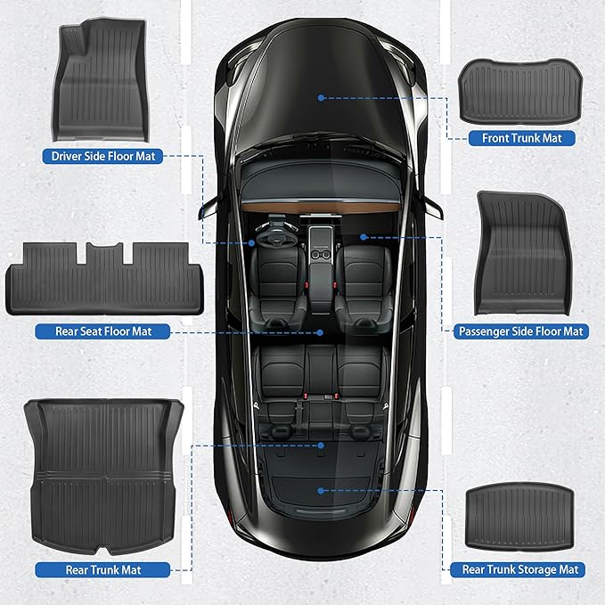 Weize Floor Mats Fit for Tesla Model 3 Highland 2025 2024, TPE All Weather Cargo Liner Floor Mats and Cargo Trunk Mats Accessories Front Rear Cargo Mat Full Set