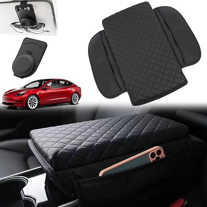 Upgrade Center Console Cover for Tesla Model 3 Model Y 2016-2024 2025 Armrest Cover with Pockets,Leather Arm Rest Box Cushion for Tesla Model 3/Y Interior Console Protector Accessories