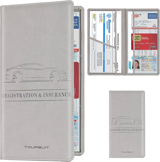 TOURSUIT Car Registration and Insurance Card Holder, Vehicle License Document Glove Box Compartment Organizer, Interior Car Accessories for Women Men Teens (Grey)