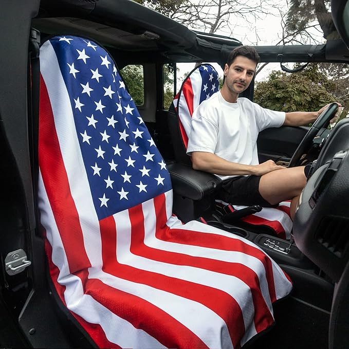 Universal Waterproof Car Seat Covers USA Flag - Automotive Seat Cushion for Sedan SUV Truck Front OR Rear Seats - Anti Slip Car Seat Protector Suit for After Yoga Gym Hiking Running Workout Sport