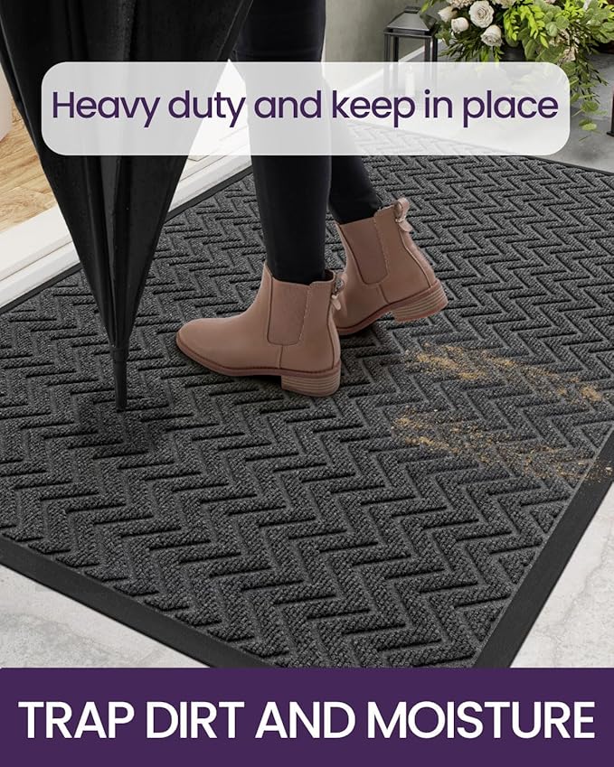DEXI Front Door Mat Outside Entrance, Rubber Entry Doormat Heavy Duty, Welcome Mats Non Slip for Inside House Floor Entryway Back Doors Exterior Patio, 17x29, Chevron Dark Grey