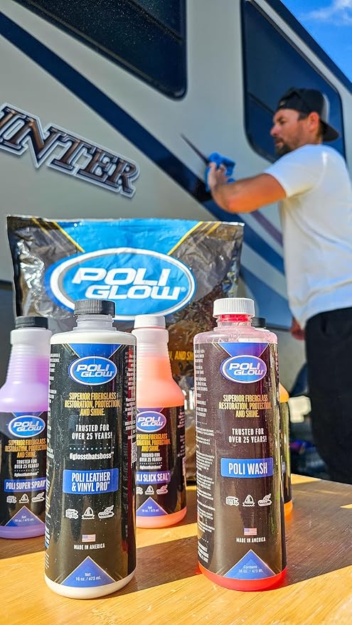 Poli Glow® 16 oz Vehicle Detailing Kit – All-in-One Cleaner & Protectant Set for Cars, Boats & RVs – Includes Interior, Exterior, Leather & Ceramic Detailers + Microfiber Towels – 7-Piece Kit