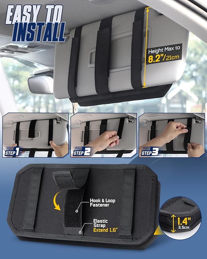 WYNEX Molle Car Sun Visor Organizer, Original Design Car Accessories with Zipper Visor Storage Pouch & Glasses Clip, Semi-Rigid Molle Panel for Tactical Gears, Fits Most Vehicles, SUVs, Trucks