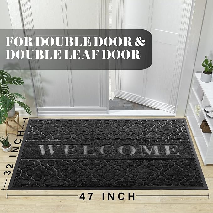 Yimobra Welcome Mat Outdoor Indoor, All-Season Waterproof Front Door Mat Outside Entrance, All-Weather Heavy Duty Non-Slip Doormat, Low Profile Porch Patio Entrance Mats, 47x32, Black