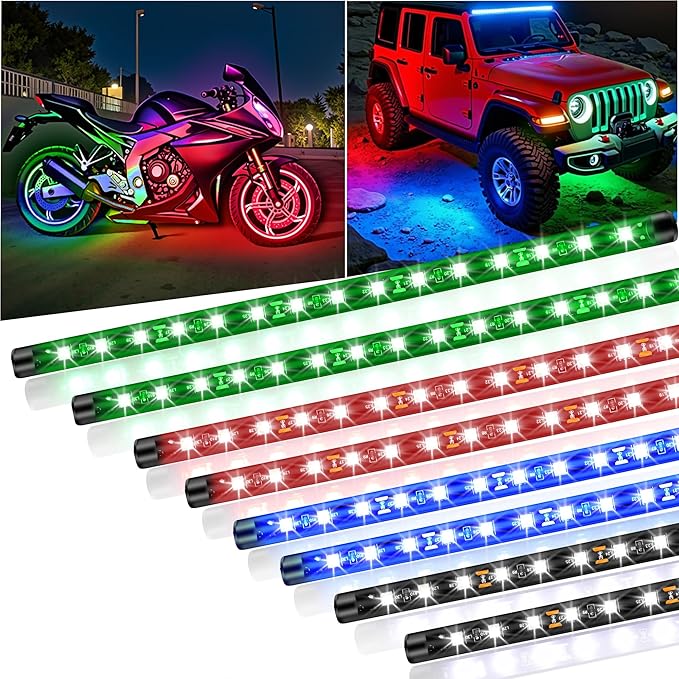 8 Pcs Car Led Light Strip IP67 Waterproof 11" Flexible Led Lights Underglow 12V for Car Motorcycle Boat Golf Cart Interior Exterior Decoration - Green, Blue, Red, White
