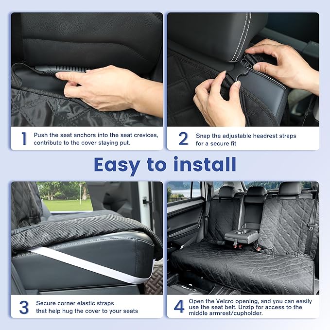 XL Back Seat Cover for Full-Size Trucks/SUVs Rear Split Bench, Heavy Duty 900D Waterproof Non-Slip Car Seat Protector for Messy Pet Dogs & Kids, Easy Clean (Black)