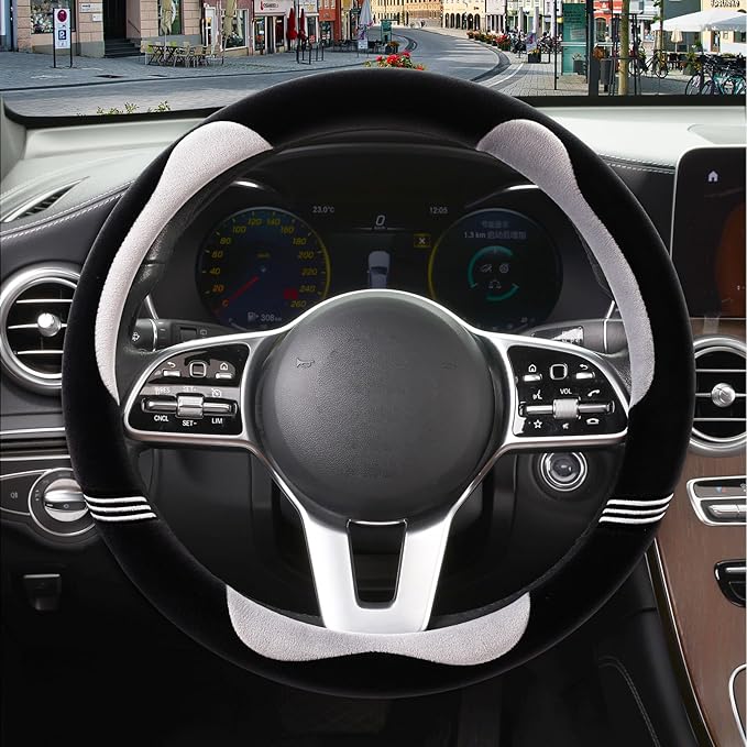 14 inch Furry Cute Steering Wheel Cover, Soft Fluffy Short Plush Auto Accessories, Non-Slip Cold-Proof Sweat-Proof Colorfast(Black with Gray)