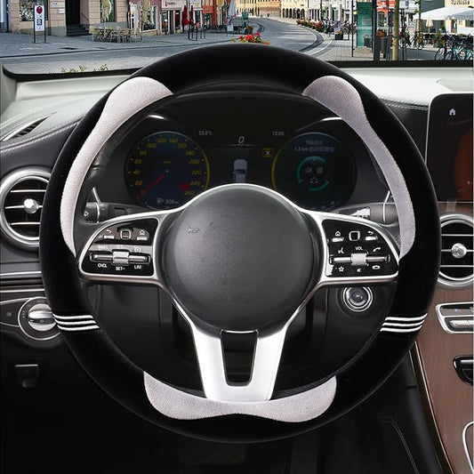 14 inch Furry Cute Steering Wheel Cover, Soft Fluffy Short Plush Auto Accessories, Non-Slip Cold-Proof Sweat-Proof Colorfast(Black with Gray)