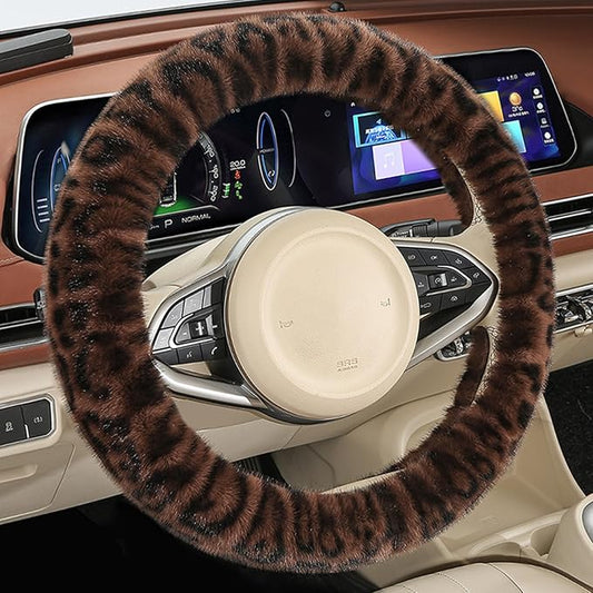 Fluffy Cheetah Car Steering Wheel Cover Luxurious Faux Fur Leopard Print Cute Wheel Protector Universal 15 Inch Fit for Vehicle, Car, Auto, SUV Winter Warm (Coffee)
