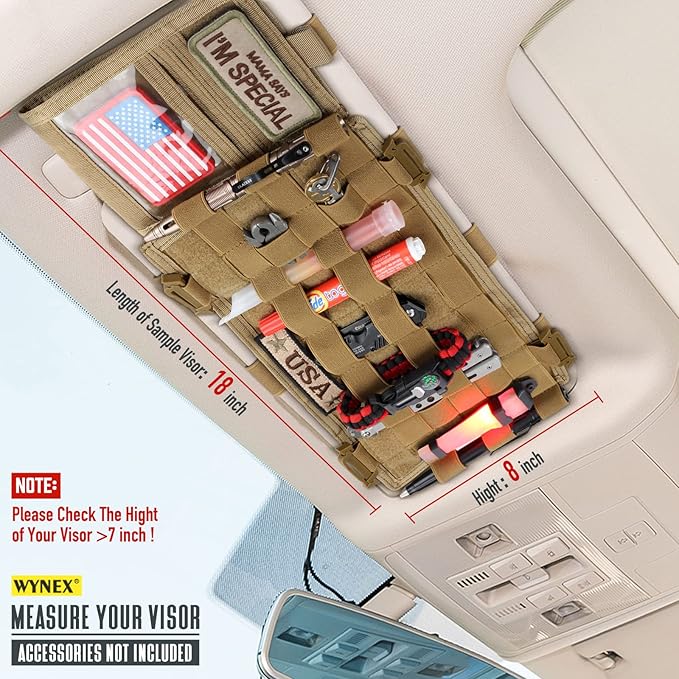 WYNEX Car Visor Organizer with Detachable Card Pouch | Auto Sun Visor Storage Molle Panel with Elastic Webbing Slots for Glasses & Tactical Gear | Fit Most Vehicle, SUVs & Trucks