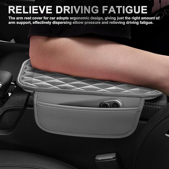 CAR PASS 3D Rhombus Memory Foam Leather Steering Wheel Cover Set, Comfortable Center Console Armrest Cushion Cover with Storage Bags Non-Slip Cup Coasters, 14.5-15in Car Interior Sets, 4 PCS All Gray