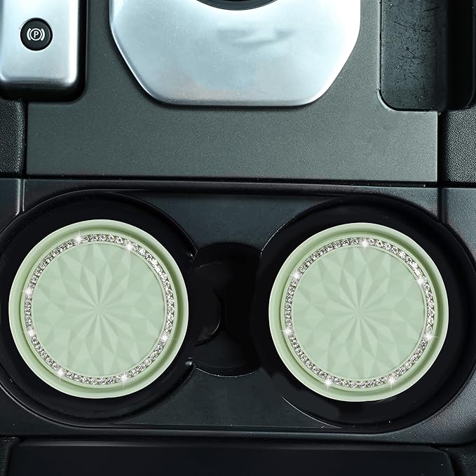 Amooca Car Cup Coaster 4 Pack Universal Non-Slip Cup Holders Insert Coasters Bling Crystal Rhinestone Car Interior Accessories Tea Green Flower