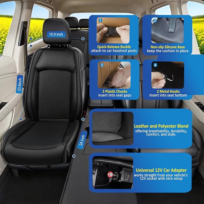 3-in-1 Cooling Car Seat Cover with Massager & Temp Control, Ventilated Seat Cover with 16 Fans, 12V Front Driver Seat Cooler, Summer Cooling Seat Cushion for Car SUV Truck (Black)