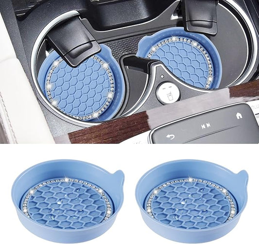 Amooca Car Cup Coaster Universal Non-Slip Cup Holders Bling Crystal Rhinestone Car Interior Accessories 2 Pack Gray Blue