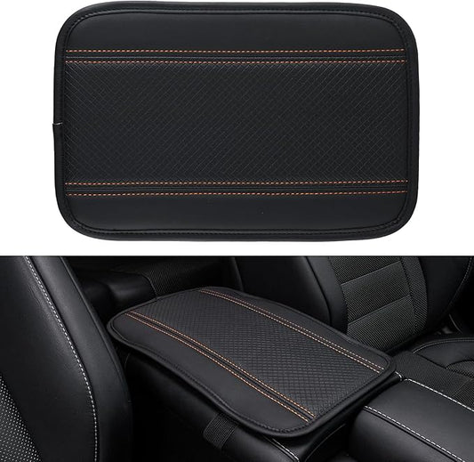 Amiss Car Center Console Pad, Universal Waterproof Car Armrest Seat Box Cover, PU Leather Auto Armrest Cover Protector，Vehicle Interior Accessories fits SUV/Truck/Car (Black-Orange)