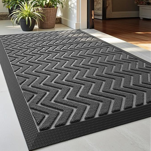 DEXI Front Door Mat Outside Entrance, Rubber Entry Doormat Heavy Duty, Welcome Mats Non Slip for Inside House Floor Entryway Back Doors Exterior Patio, 17x29, Chevron Dark Grey