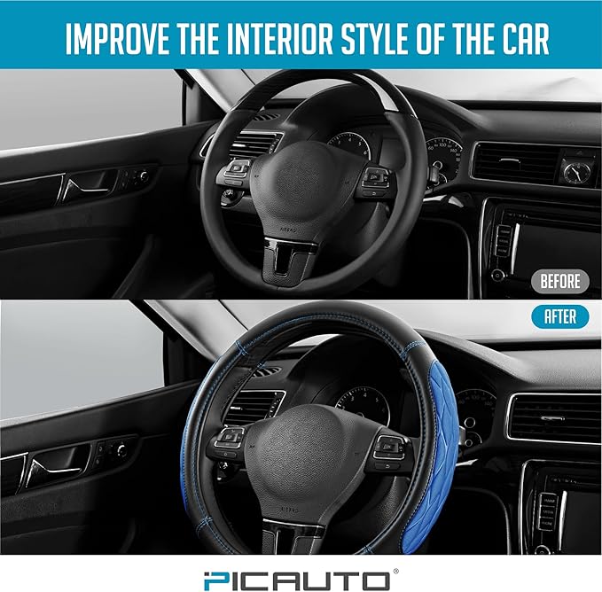 PIC AUTO Steering Wheel Cover, Blue Thick Rhombic Foam and Premium Leather, Universal 14.5-15.5 Inch Breathable Anti-Slip Steering Wheels Accessories for Men & Women