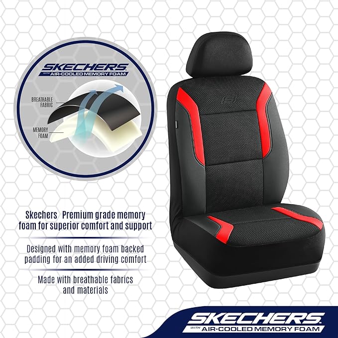 Skechers Memory Foam Car Seat Covers, Air Cool Mesh Thick Seat Covers, Car Seat Full Sets, Airbag Compatible, Automotive Comfort Protection for Most Cars,Vans,Trucks, SUVs,Red