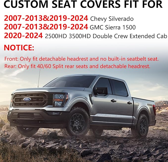 Truckiipa Seat Covers for Truck Chevy Silverado Leather Seat Cover Custom Fit for 2007-2013&2019-2024 Chevy Silverado GMC Sierra 1500, 2020-2024 2500HD 3500HD Double Crew Extended Cab, Full Set, Black