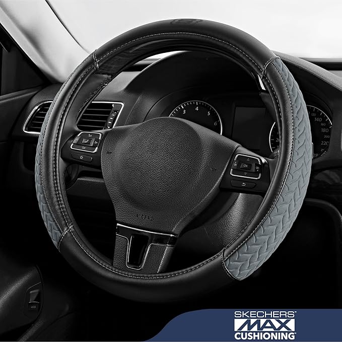 Skechers Steering Wheel Cover,Max Cushioning Leather Steering Wheel Cover Universal Fit 14" 1/2-15" Car Wheel Protector for Men Women Fit Suvs,Vans,Sedans,Car,Trucks,Gray