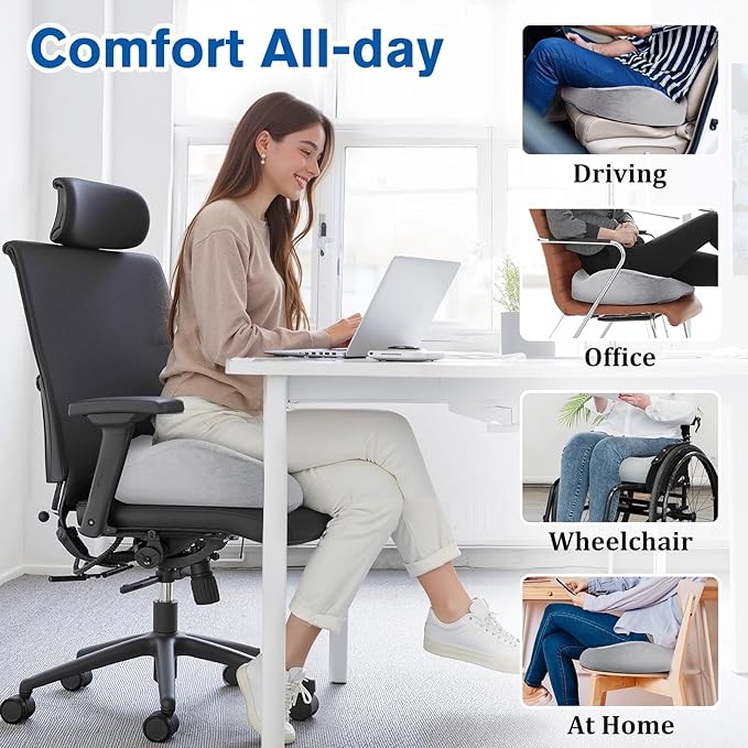 Seat Cushion, Chair Cushions, Office Chair Cushions, Anti-Slip Bottom & Removable Cover Tailbone Pain Relief Cushion, Memory Foam Seat Cushion for Office, Wheelchair, Car (Light Grey)