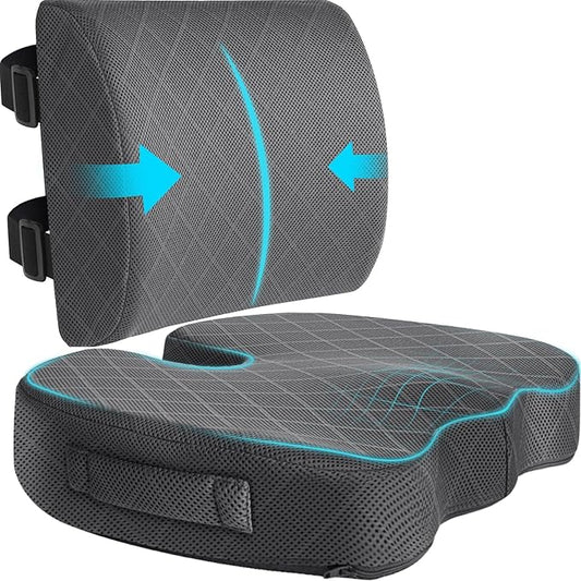 TushGuard Back&Seat Cushion, Car Seat Office Chair Cushions, Memory Foam Lumbar Back Support Pillow, Portable Airplane Seat Cushion for Travel, Computer Desk, Wheelchair, Driving (Grey, X-Large)