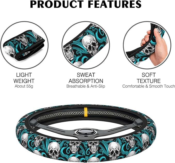 Small Flowers Steering Wheel Cover, White and Black Floral Elastic Non-Slip Steering Wheel Protector,Auto Interior Decor for Women Girls,Universal 15" Fit for Sedans,Trucks