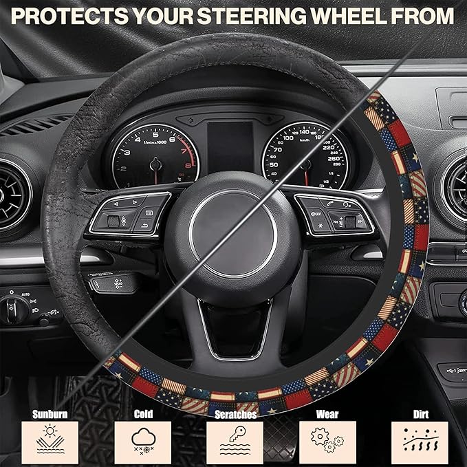 Vintage American Flag Steering Wheel Cover, Elastic Non-Slip Steering Wheel Protector,Auto Interior Decor for Women Girls,Universal 15" Fit for Sedans,Trucks