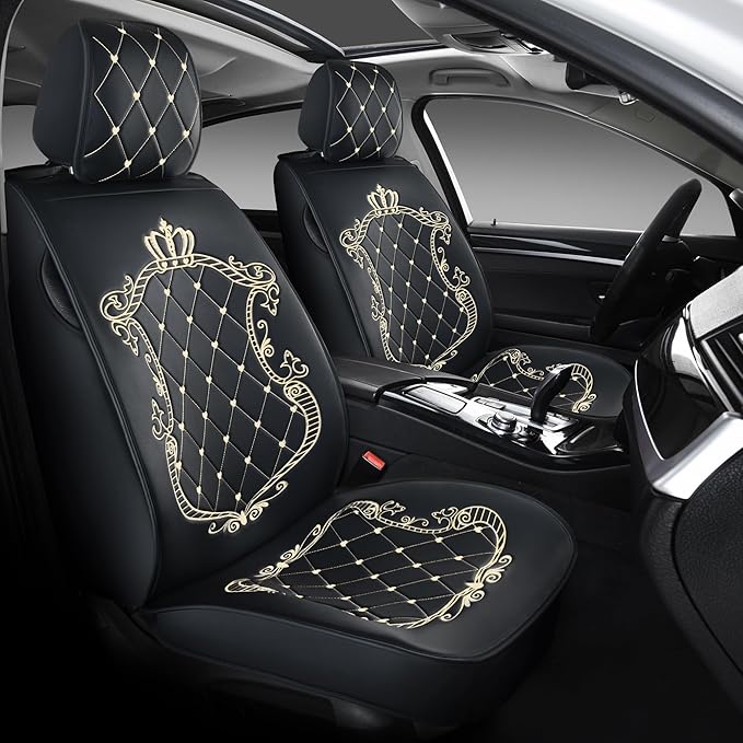 Skysep Crown Full Set Universal Fit 5 Seats Car Surrounded Waterproof Leather Car Seat Covers Protector Adjustable Removable Auto Seat Cushions with 2 Waist Pillows 2 Headrest Pillows (Black-Gold)