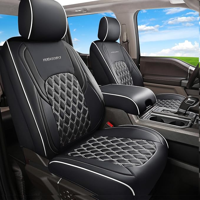 Huidasource Silverado Seat Covers Front Back Leather Seat Accessories Fit for Chevy Silverado GMC Sierra 1500 2007-2013&2019-2025, 2500HD 3500HD 2020-2025 Crew Double Cab(Full Set/Black&White)