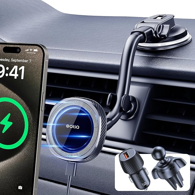 OQTIQ for MagSafe Car Charger, Magnetic Wireless Car Charger Compatible with iPhone 17 16 15 14 13 12 Series, 15W Fast Charging Car Phone Mount for Windshield Dashboard Air Vent [with PD 30W Adaptor]