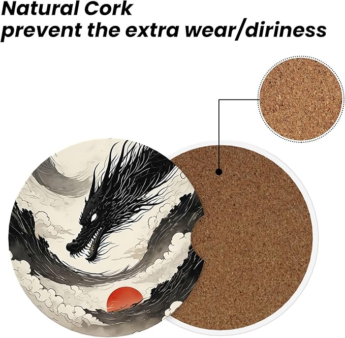 Absorbent Car Coasters for Cup Holders, 2 Pack Universal Anti Slip Ceramic Cup Coaster for Women Men 2.56 Inch Car Interior Accessories - Black Dragon 016