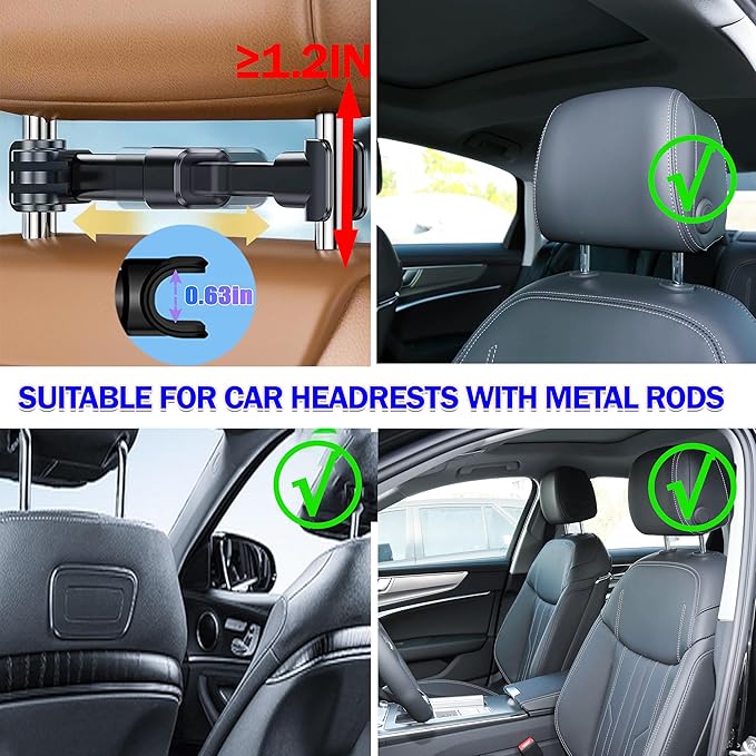 Tablet Holder for Car 1 Pack, iPad Headrest Mount for 5.3-12.9" iPads/Phones, Car Tablet Holder with 360° Adjustable Rotating, Upgraded iPad Mount, Road Trip Essentials (Black)