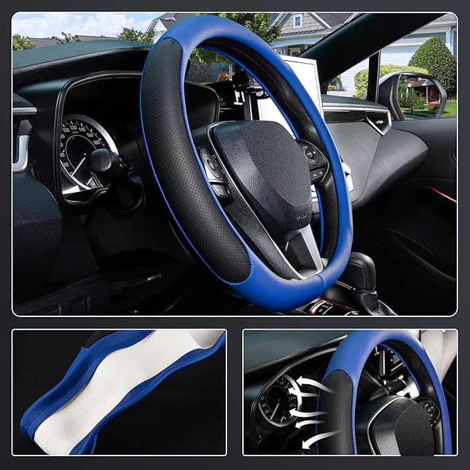 SEG Direct D Shaped Steering Wheel Cover for 14.5-15 inch Flat Bottom Wheels, Breathable Perforated Microfiber Leather, Anti-Slip Grip, Universal Fit for Cars & SUVs, Black and Blue