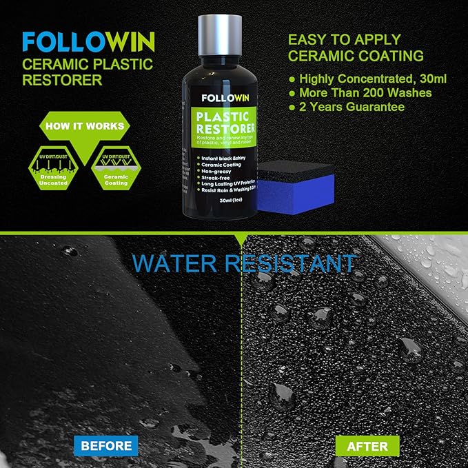 FOLLOWIN Plastic Restorer for Cars - Black Trim Restorer & Ceramic Coating, Resists Water, UV Rays, Dirt, Not a Dressing, Hydrophobic Protection, Highly Concentrated Formula,30ml