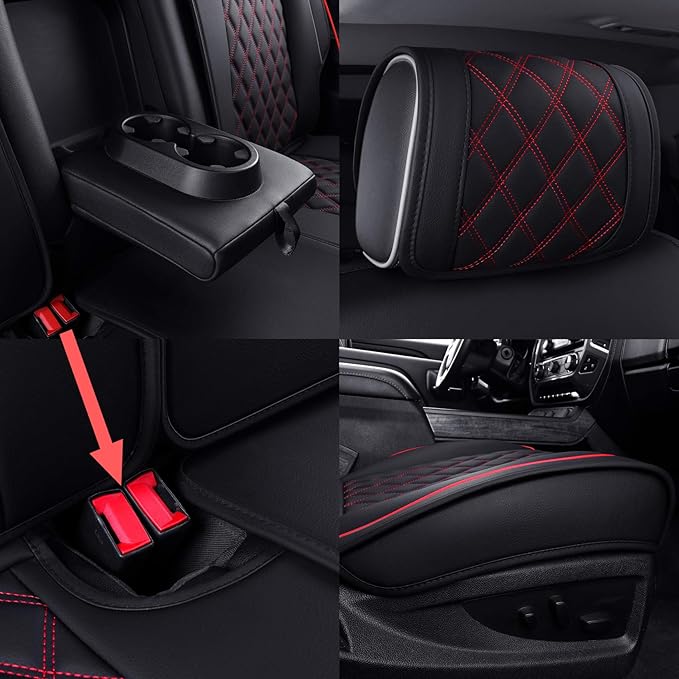 Aierxuan Truck Seat Covers for Chevy Silverado GMC Sierra Trail Boss Z71 Pickup 2007-2025 1500 2500HD 3500HD Crew Double Extended Cab Waterproof Leather (Full Set, Black-Red)