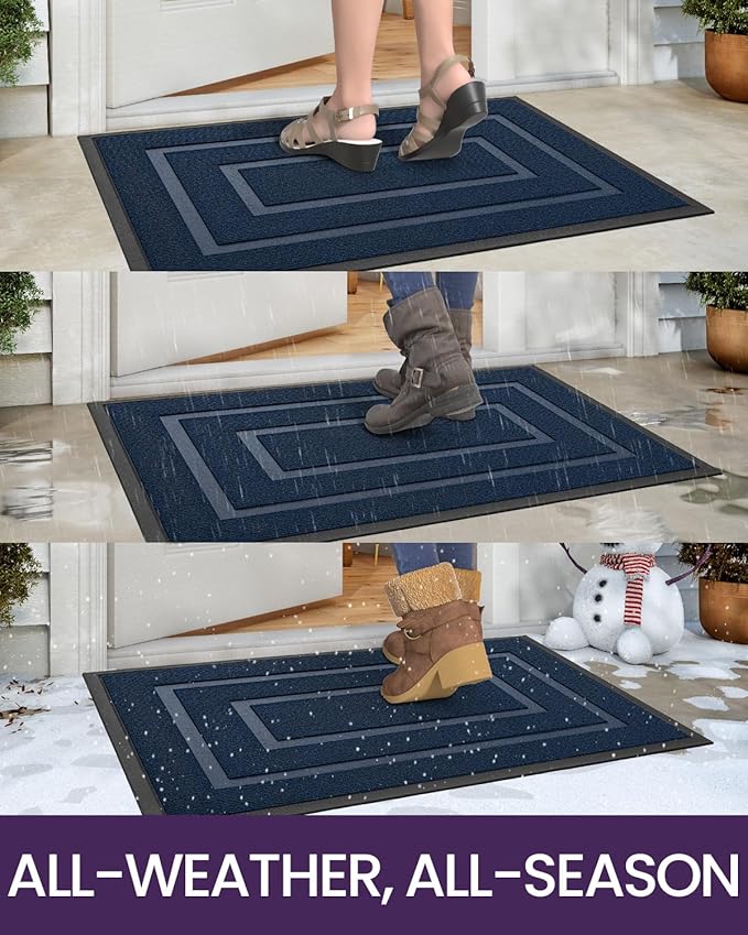 DEXI Front Door Mat Outside Entrance, Heavy Duty Rubber Backed Doormat, Stain and Fade Resistant, Low-Profile Easy Clean Entryway Floor Mats, 4x2, Rectangles Navy