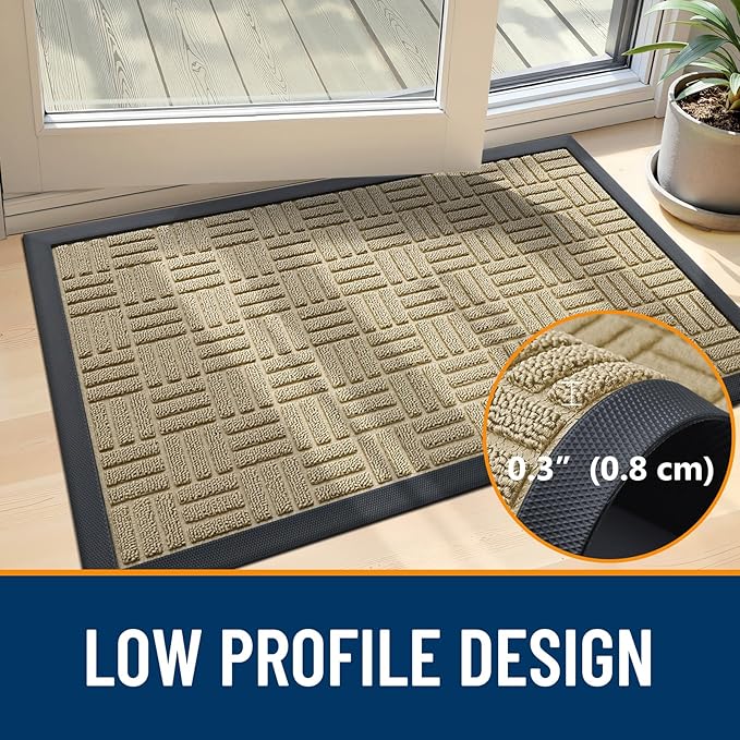 OLANLY Front Door Mat Outside Entrance 29.5x17, Absorbent, Heavy Duty Sturdy Natural Rubber Doormat Indoor Outdoor, Stain and Fade Resistant, Non-Slip Backing Low Profile Floor Mat for Entryway, Beige