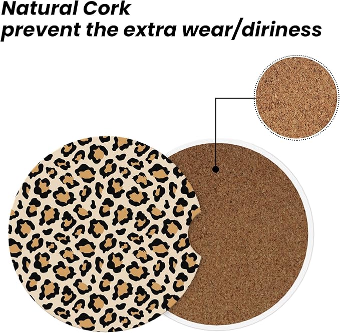 Absorbent Car Coasters for Cup Holders, 2 Pack Universal Anti Slip Ceramic Cup Coaster for Women Men 2.56 Inch Car Interior Accessories - Vintage Brown Leopard 002