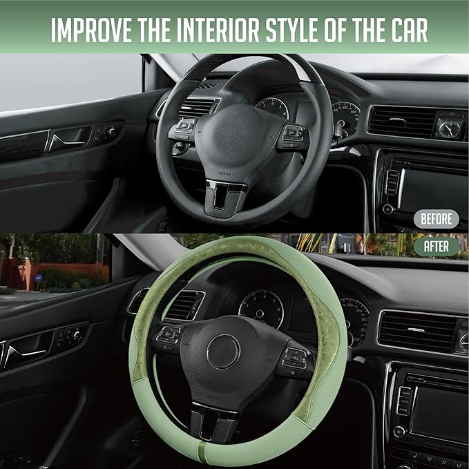 PIC AUTO Steering Wheel Cover, Green Patterned Leather Patchwork Design, Universal Fit 14.5"–15.5", Anti-Slip, Odor-Free, Soft PU Grain Leather, Durable Grip Car Accessory for Girls & Women